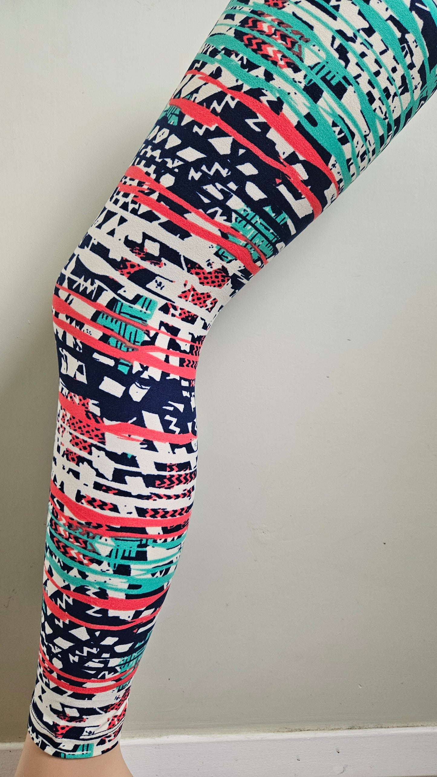 Cream Coral Teal Aztec Stripe Buttery Soft High-Waisted Leggings