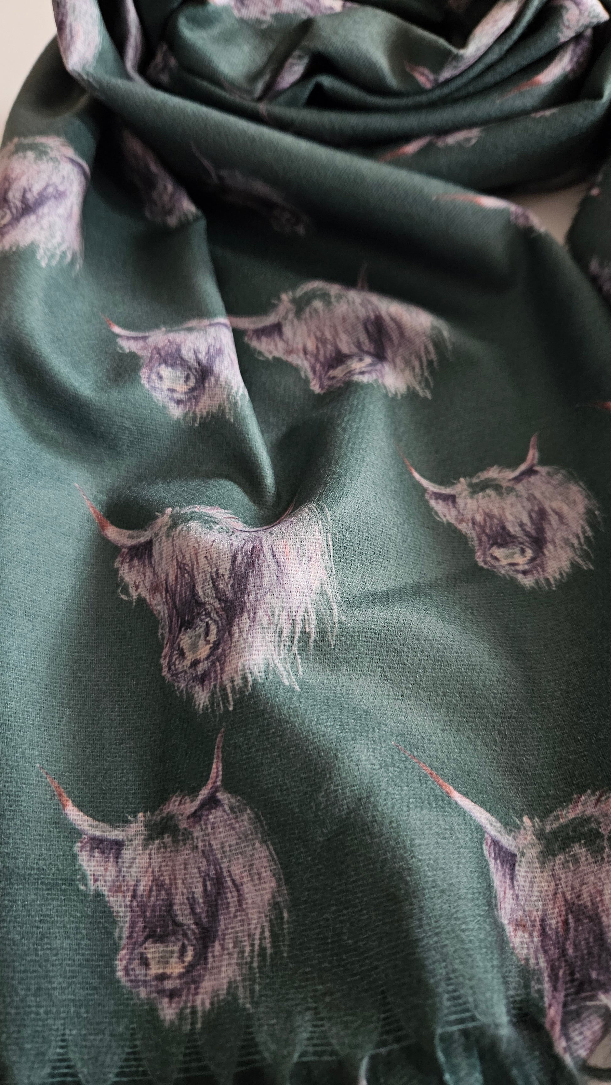 Bottle Green pashmina with Monochromatic Highland cow heads on