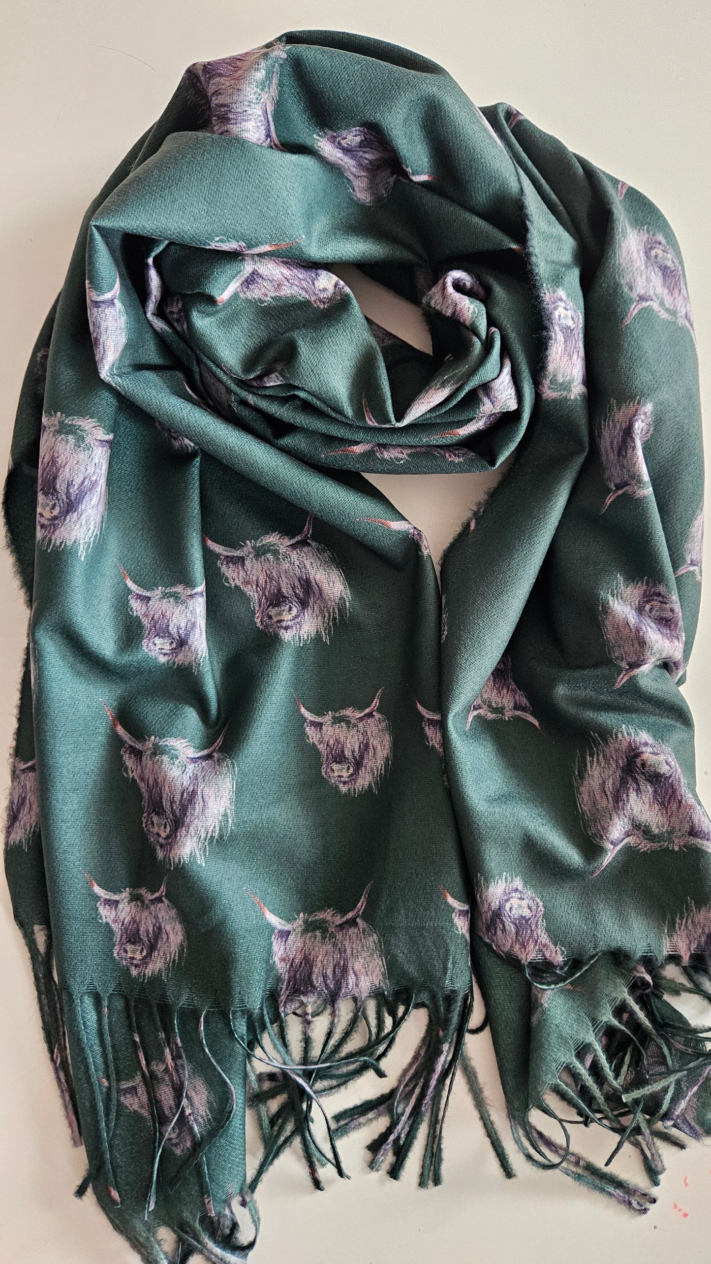 Bottle Green coloured pashmina with Monochromatic Highland cow heads on