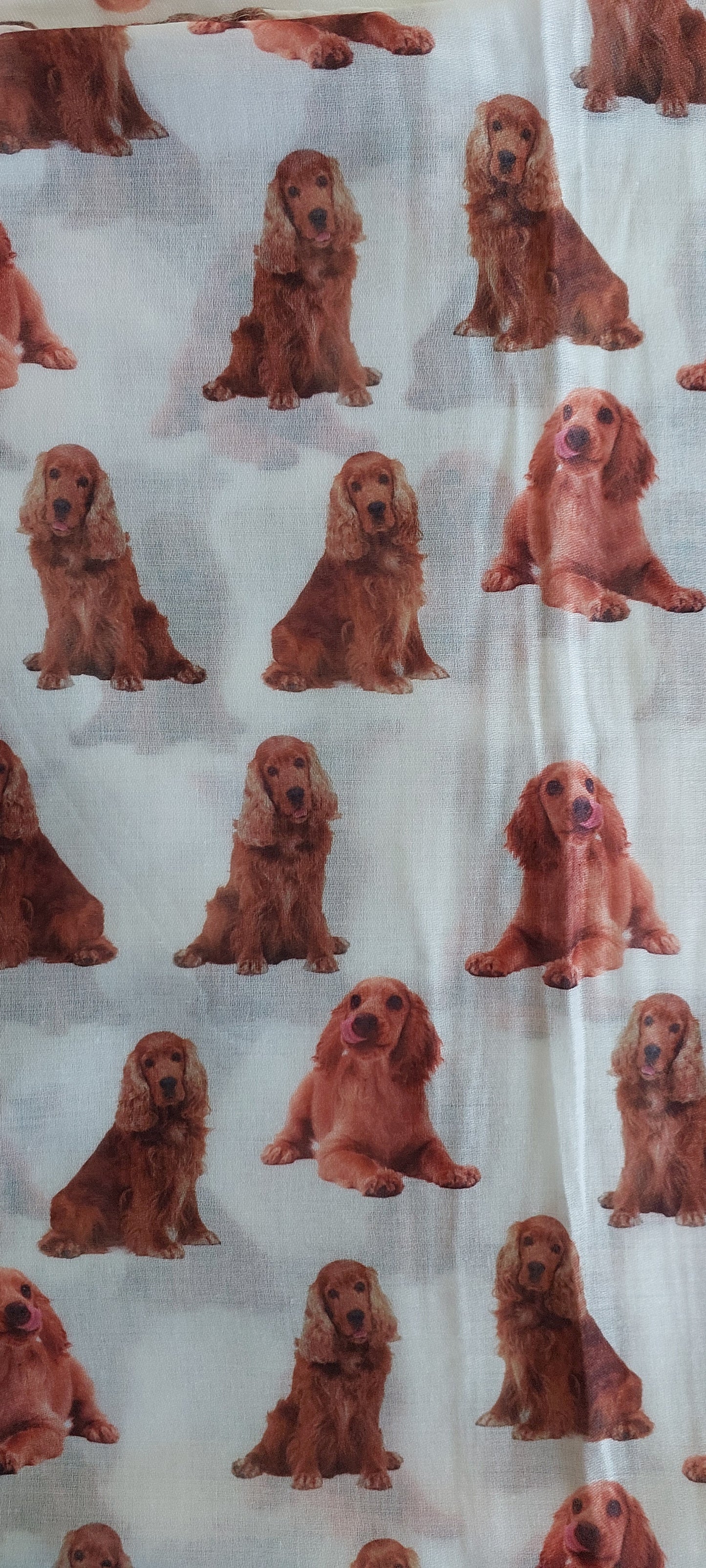 Image of white scarf fabric with tan cocker spaniels on