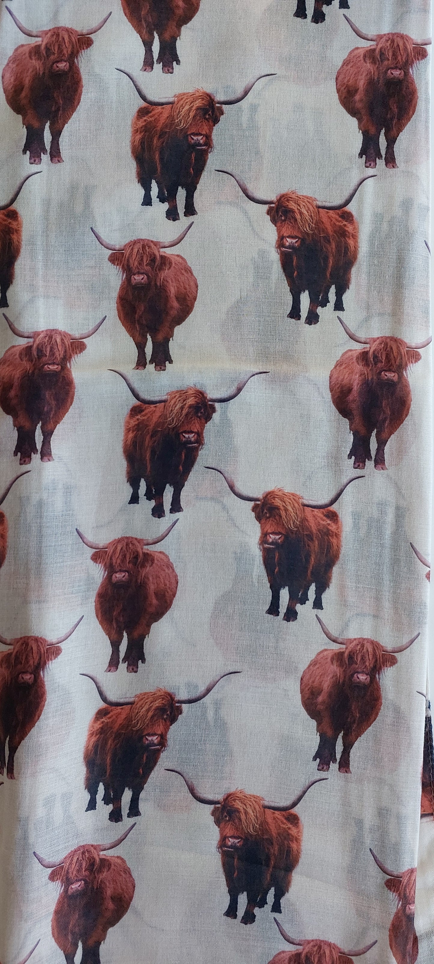 Scarf with repeated pattern of a Highland Cow on a white background