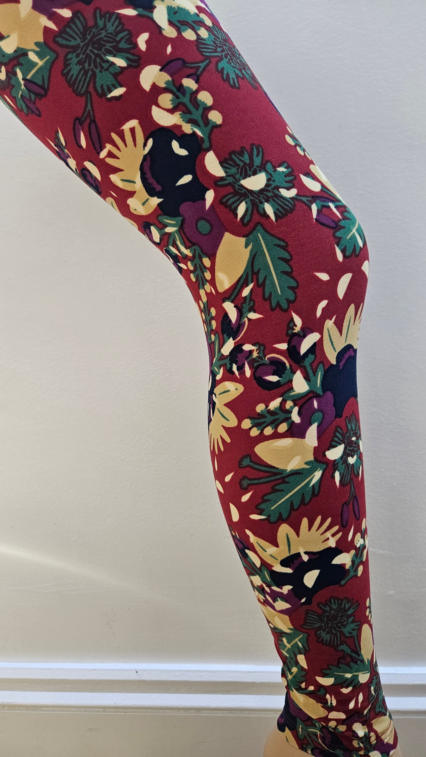 Rich Red Botanical Floral Buttery Soft High-Waisted Leggings-Shimena