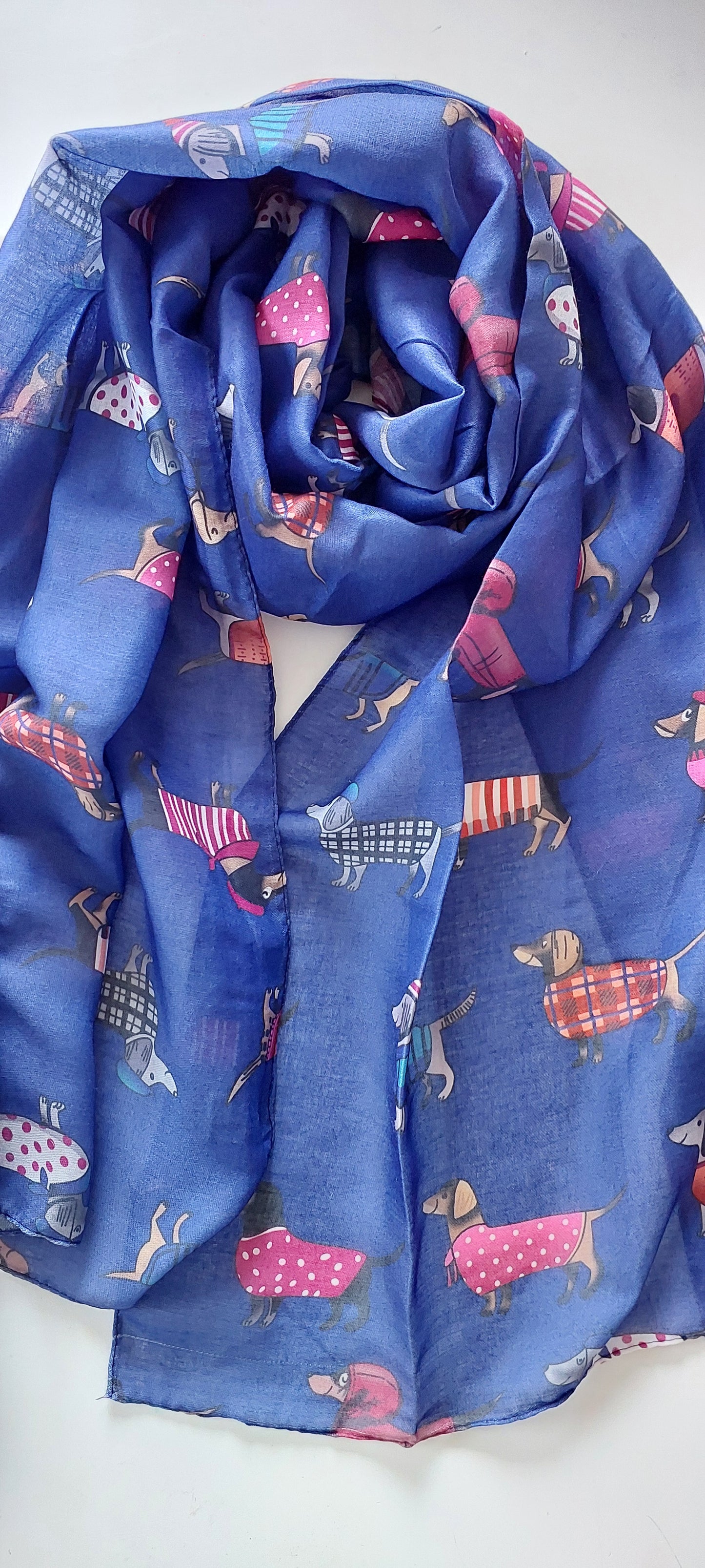 Rolled-up blue scarf with sausage dogs in jackets on a white background