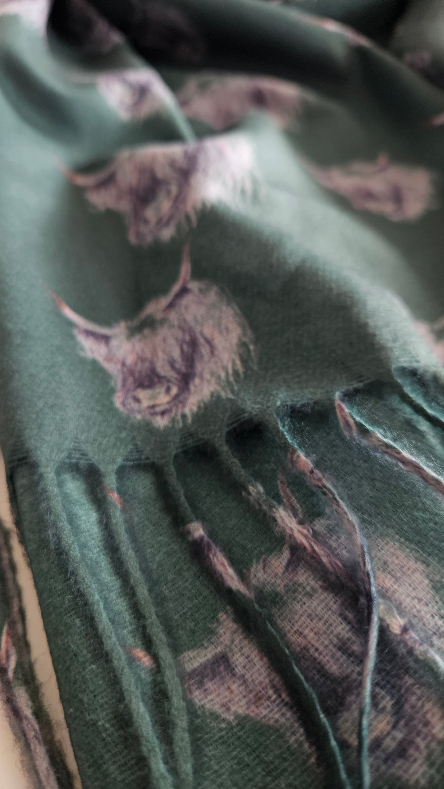 Close up of bottle green coloured pashmina with Monochromatic Highland cow heads on, with Tassels