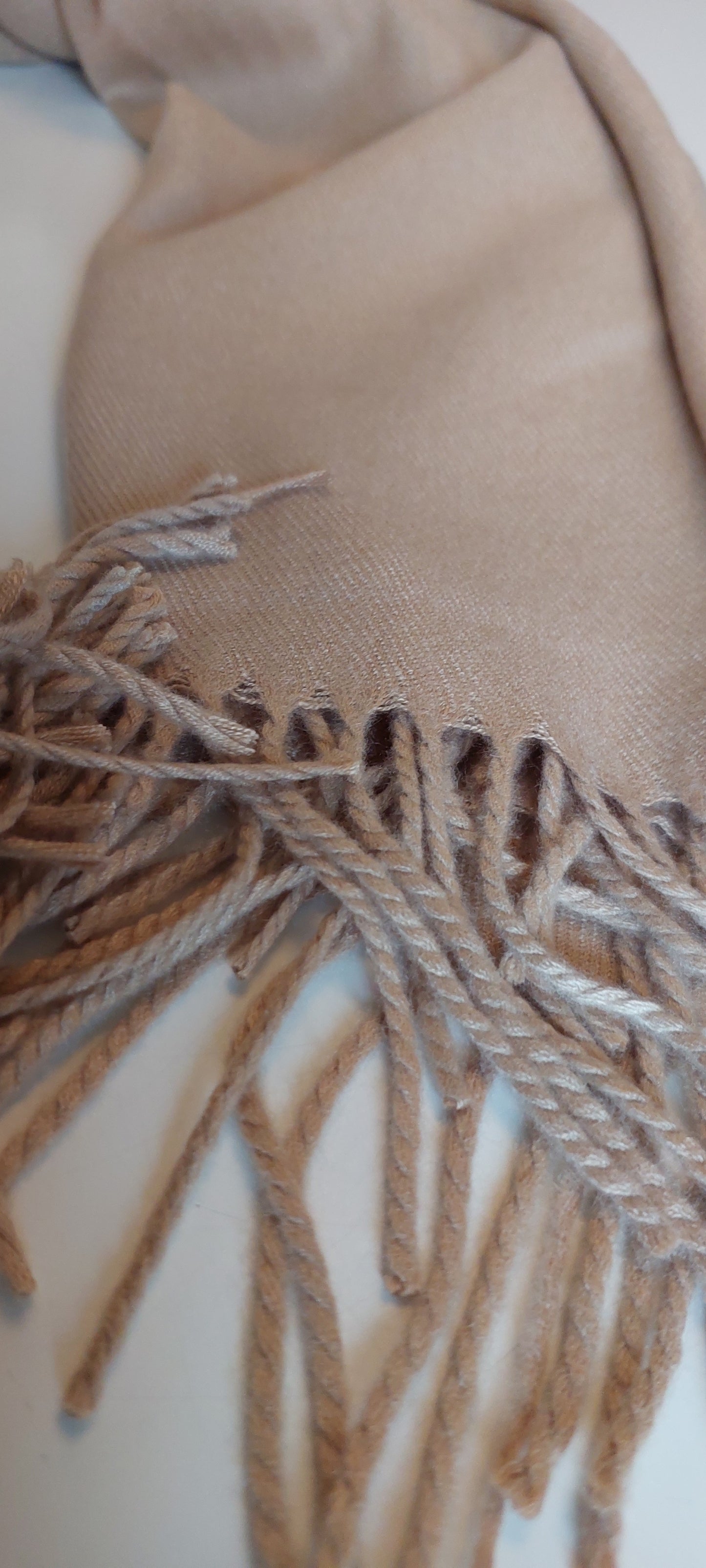 Close-up of a beige pashmina with fringed details on a white background