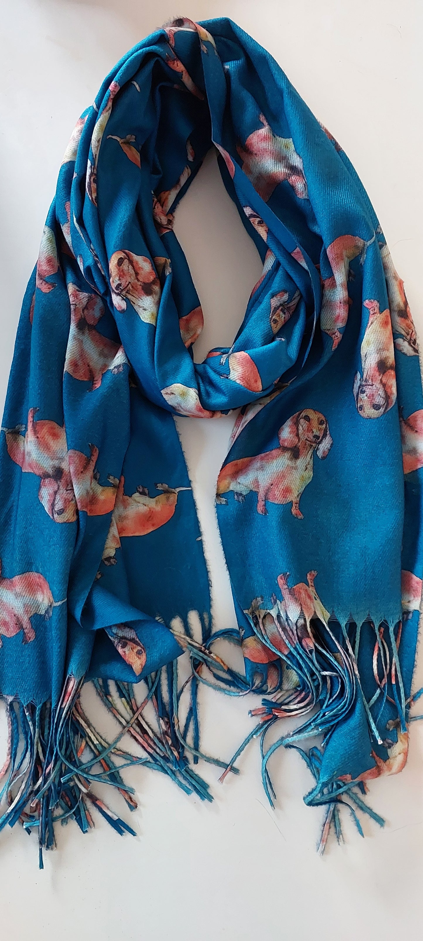 Teal scarf with dachshund patterns on a white background