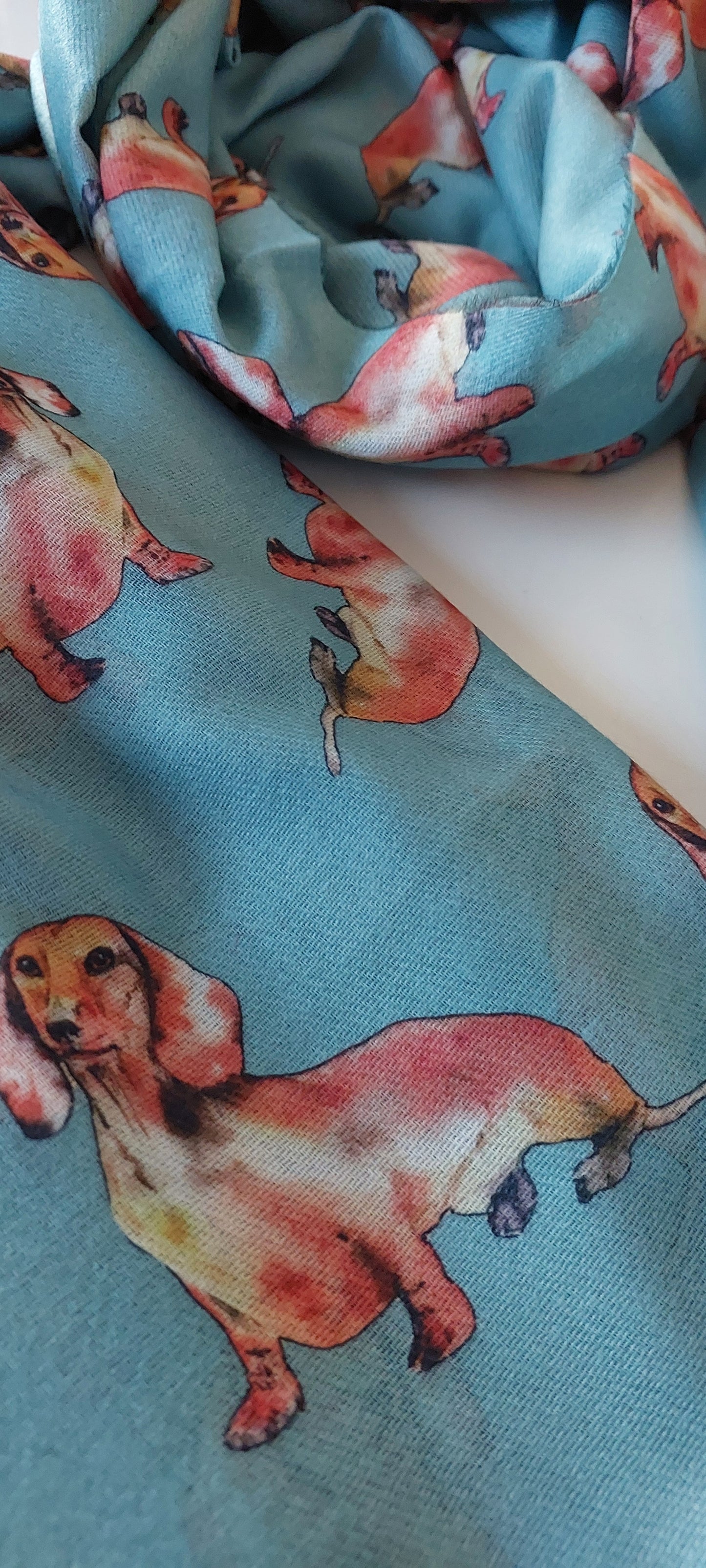 Pashmina with dachshund dog pattern on a turquoise background