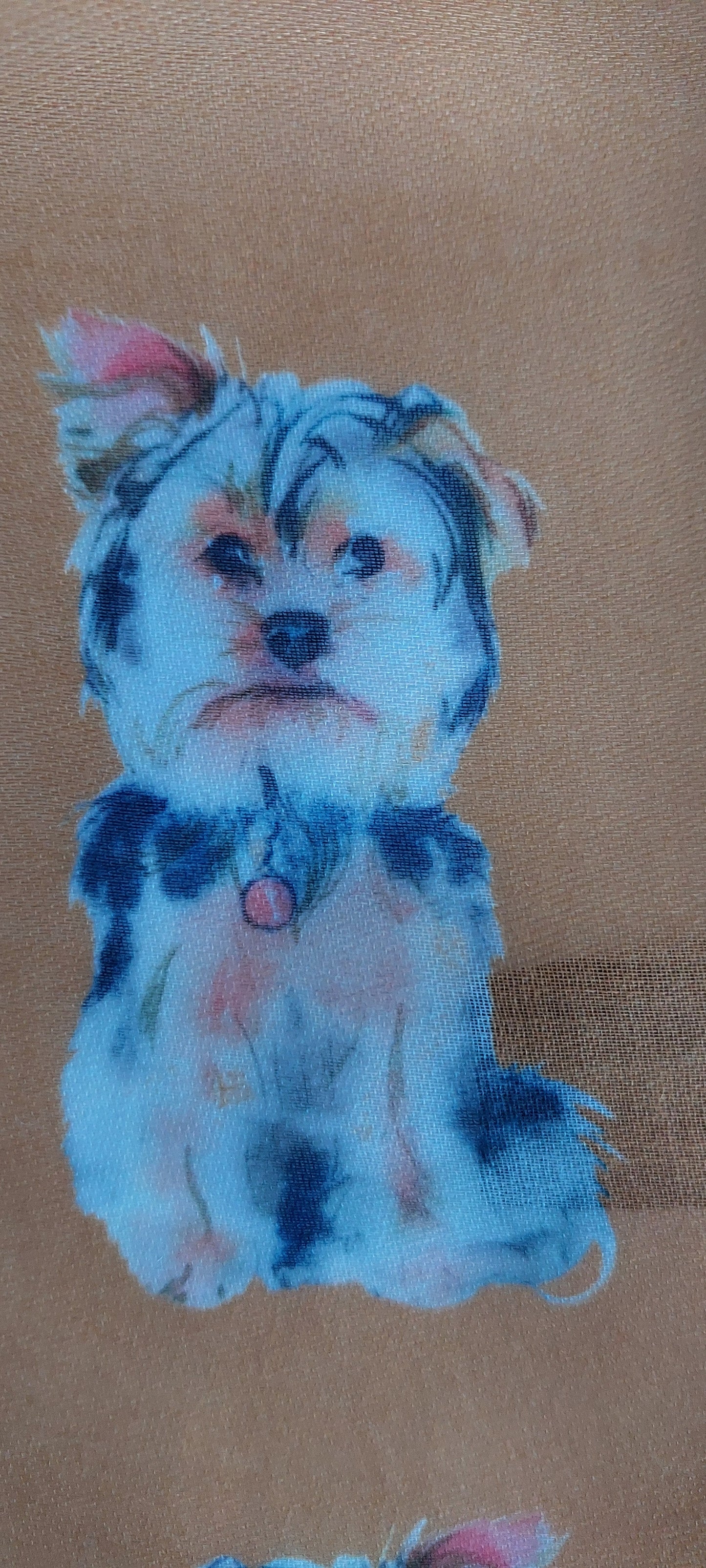 Colorful illustration of a Yorkshire Terrier dog on a textured mustard background