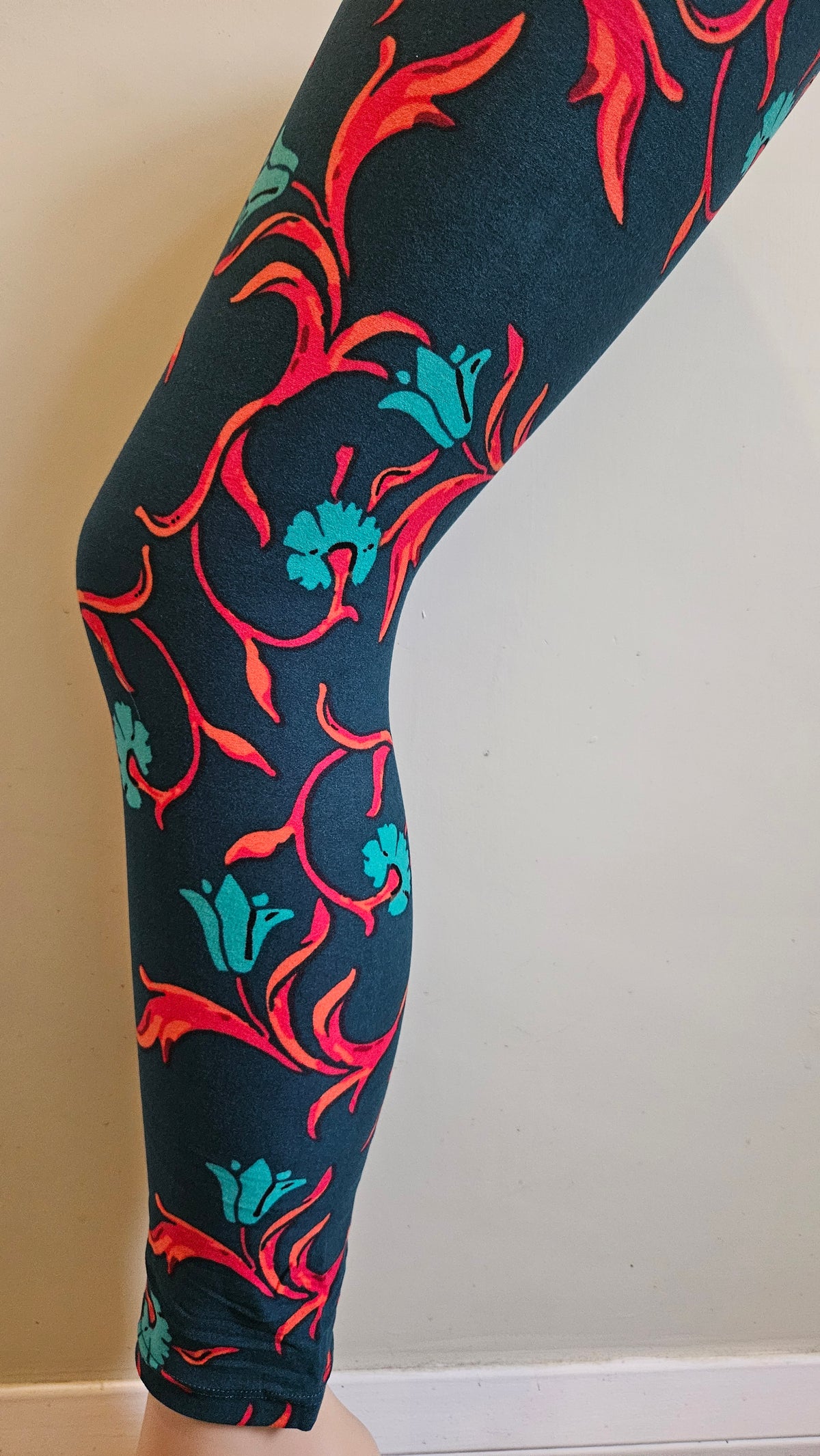 Dark Green Orange Scroll Floral