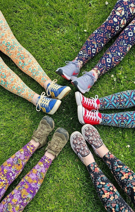 5 pairs of legs wearing different patterns of Shimena Leggings