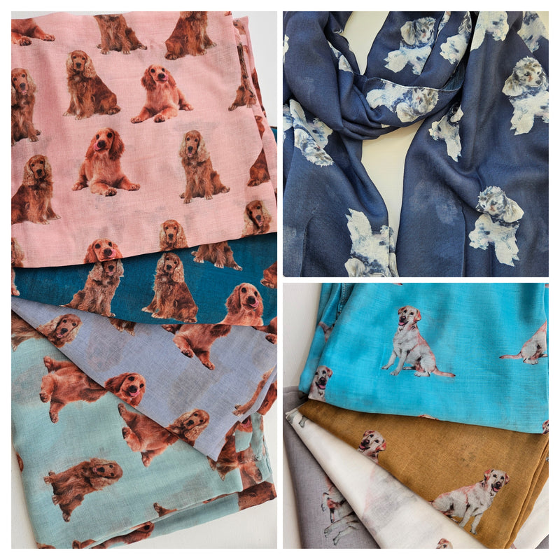 Dog Themed Scarves – Labrador, Corgi, Spaniel, Bulldog & Terrier Designs