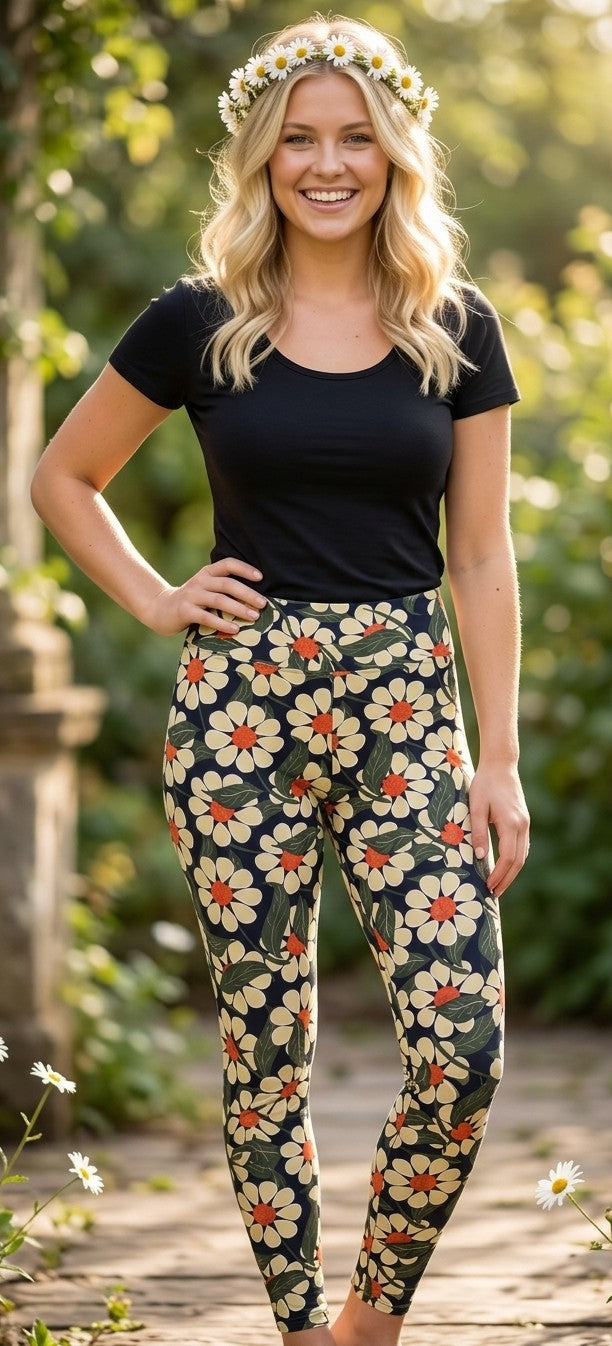 Black Retro Daisy Buttery Soft High-Waisted Leggings-Shimena