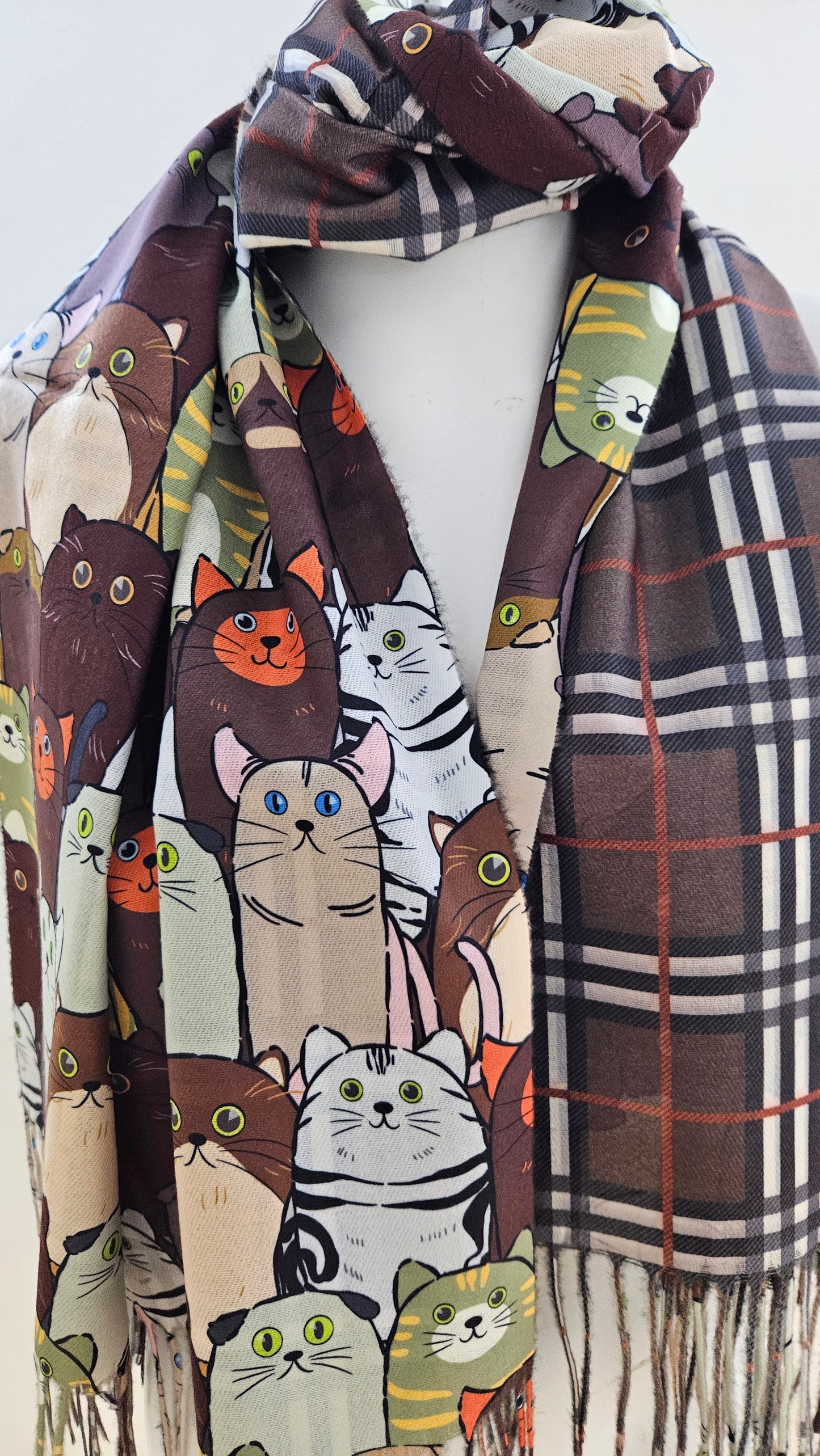 Reversible Cat & Tartan Cashmere-Feel Pashmina – Soft & Stylish Wrap-Shimena