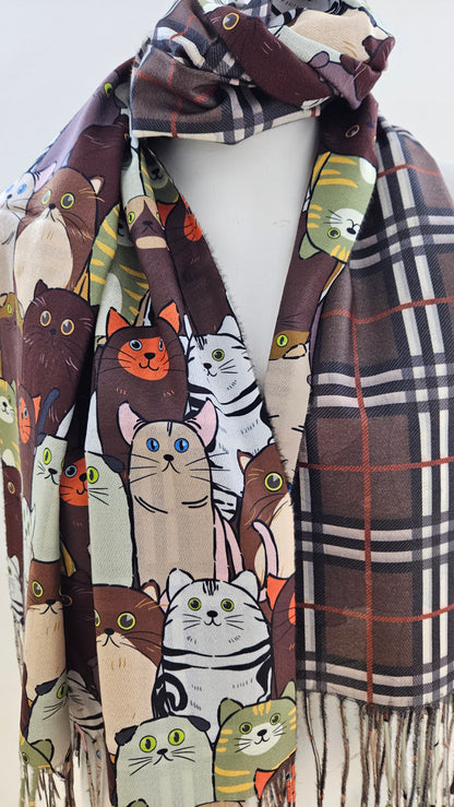 Reversible Cat & Tartan Cashmere-Feel Pashmina – Soft & Stylish Wrap-Shimena