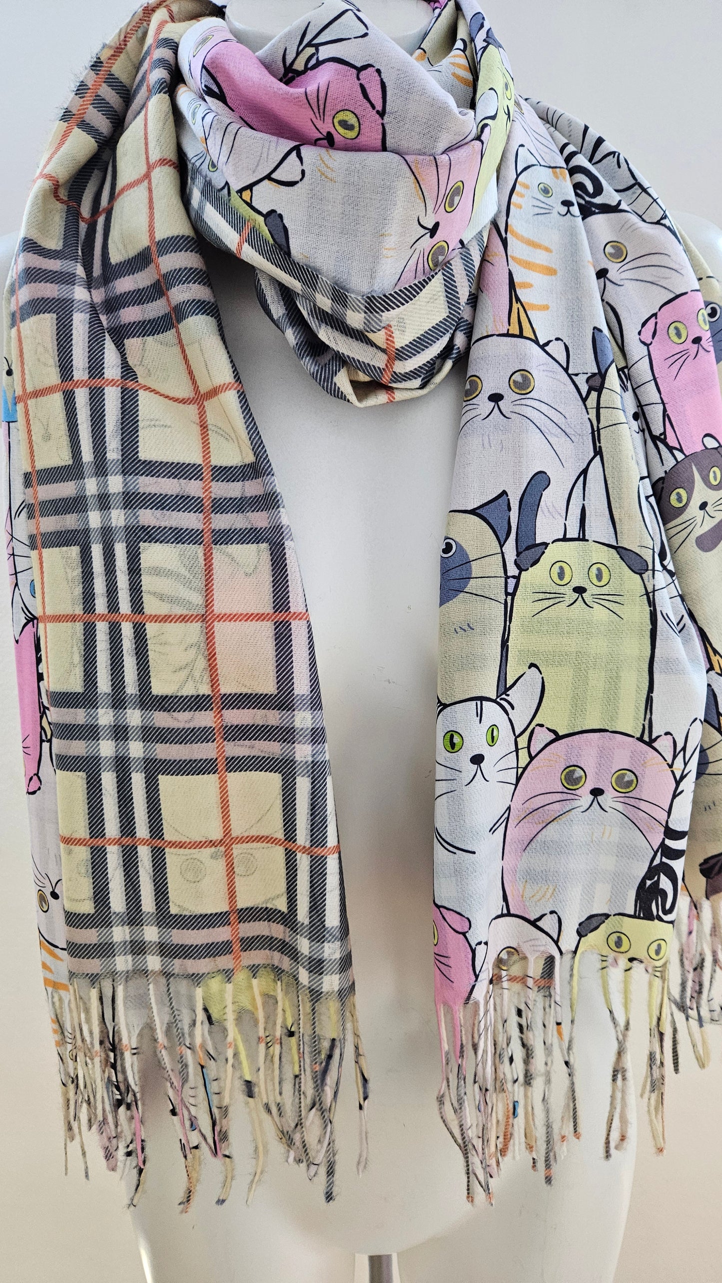 Reversible Cat & Tartan Cashmere-Feel Pashmina – Soft & Stylish Wrap-Shimena