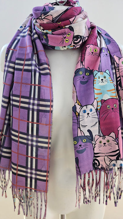 Reversible Cat & Tartan Cashmere-Feel Pashmina – Soft & Stylish Wrap-Shimena
