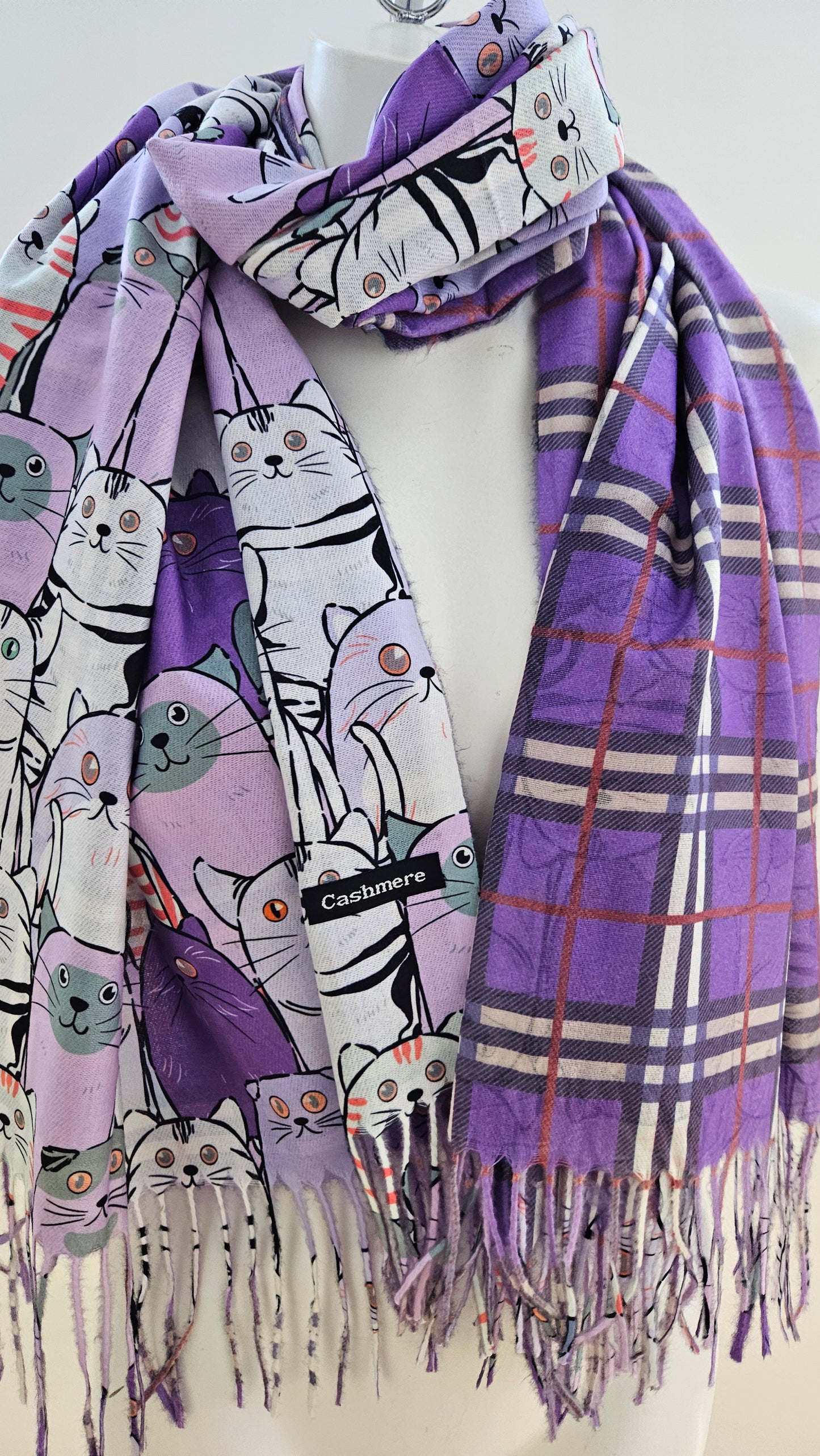 Reversible Cat & Tartan Cashmere-Feel Pashmina – Soft & Stylish Wrap-Shimena