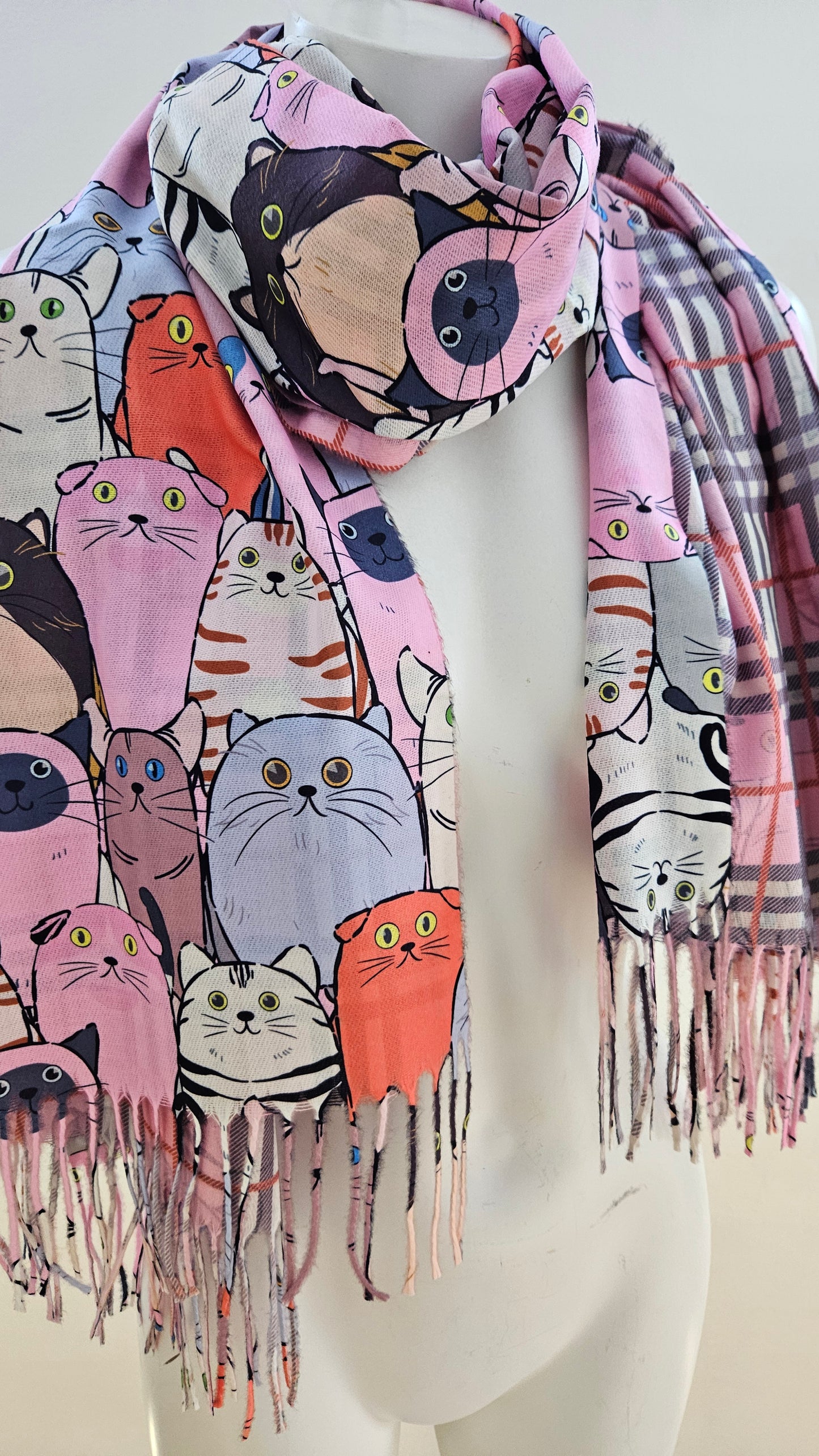 Reversible Cat & Tartan Cashmere-Feel Pashmina – Soft & Stylish Wrap-Shimena