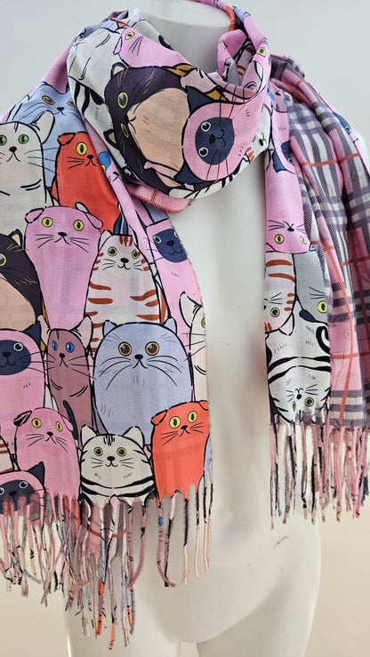 Reversible Cat & Tartan Cashmere-Feel Pashmina – Soft & Stylish Wrap-Shimena