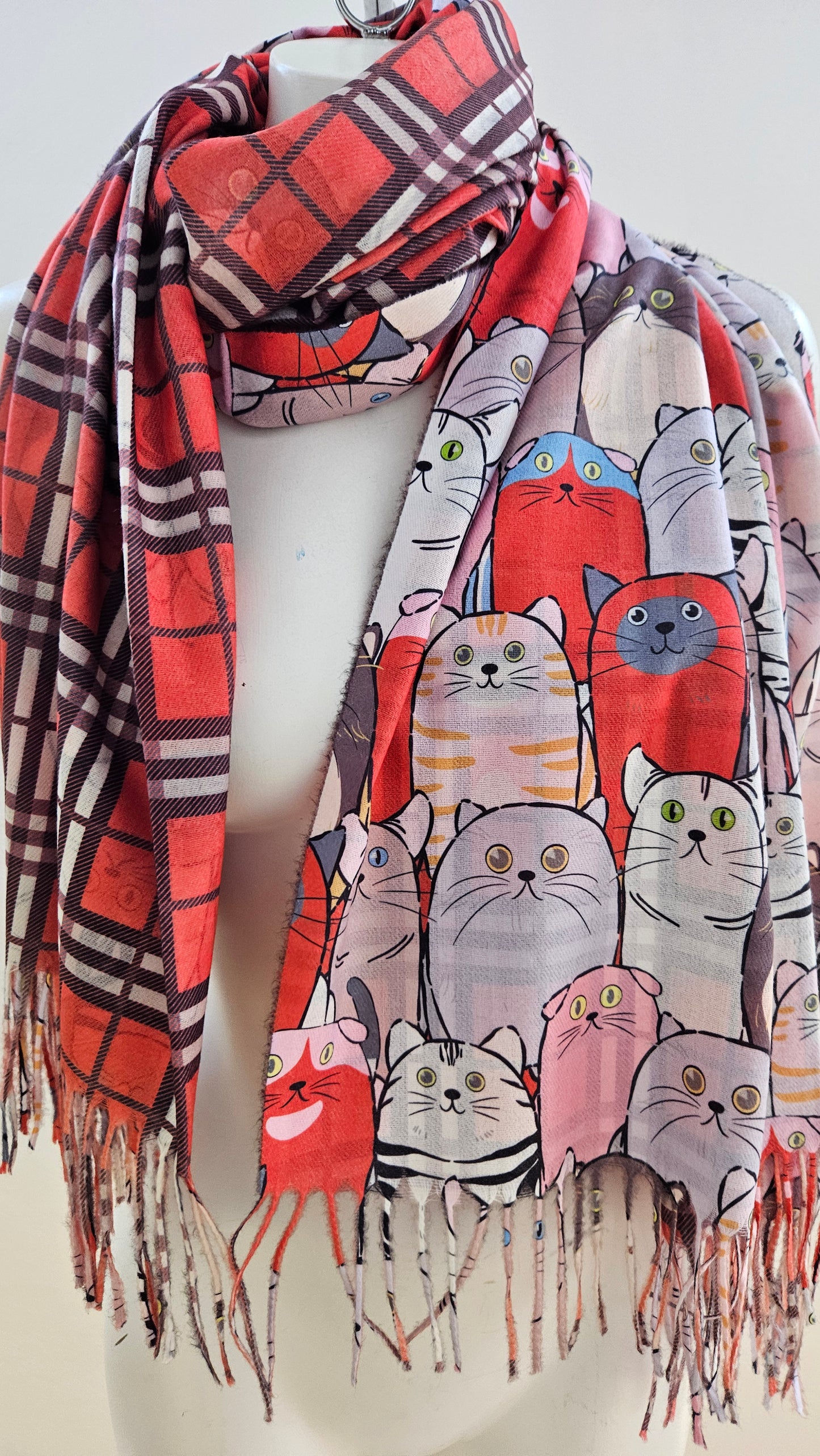 Reversible Cat & Tartan Cashmere-Feel Pashmina – Soft & Stylish Wrap-Shimena