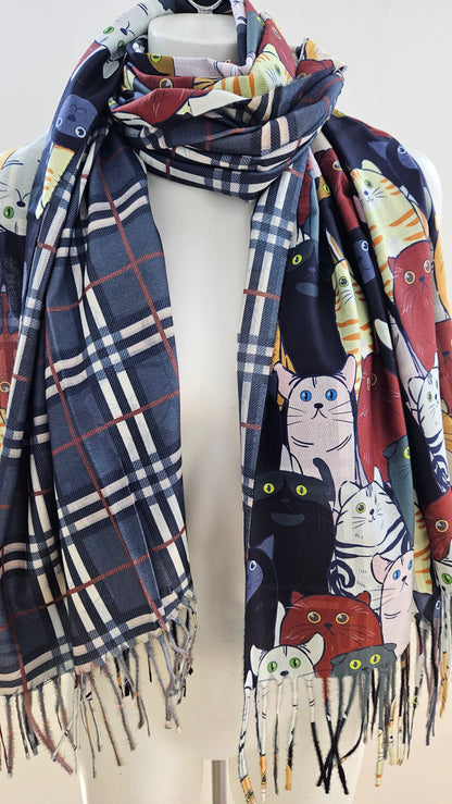 Reversible Cat & Tartan Cashmere-Feel Pashmina – Soft & Stylish Wrap-Shimena