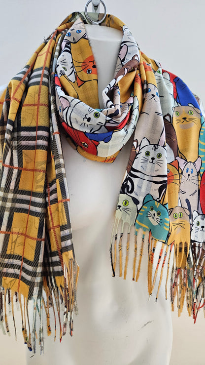 Reversible Cat & Tartan Cashmere-Feel Pashmina – Soft & Stylish Wrap-Shimena