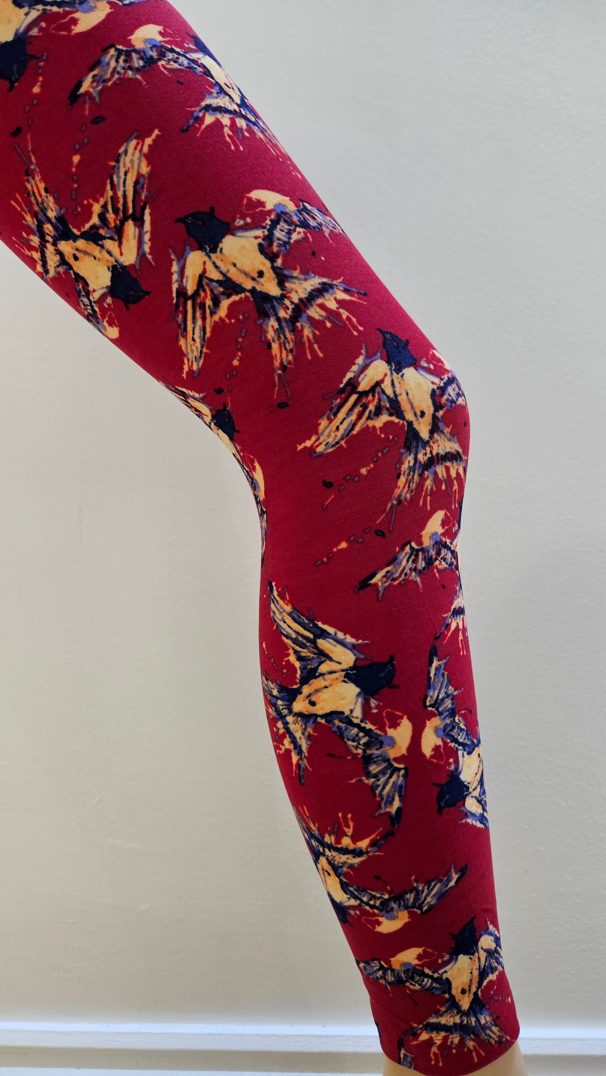 Burgundy Bird Print Buttery Soft High-Waisted Leggings-Shimena