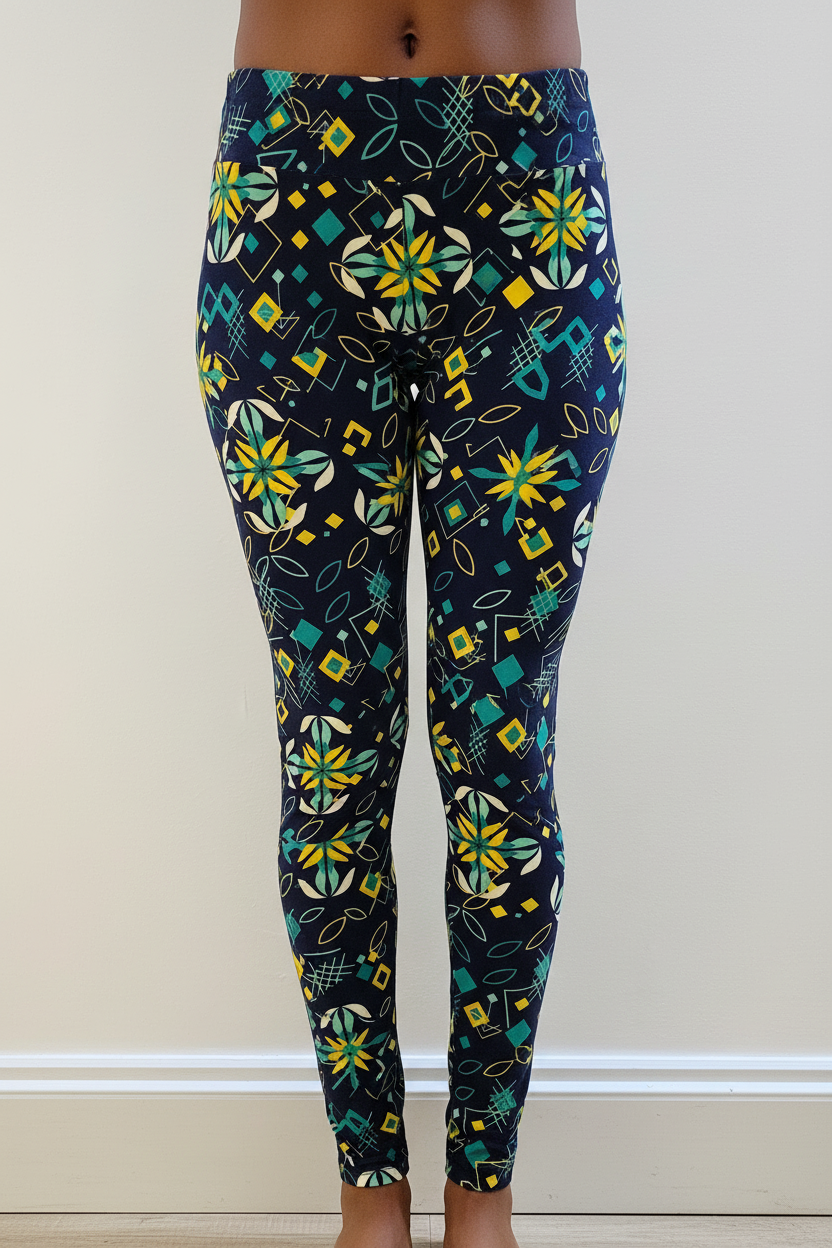 Navy Geometric Floral Buttery Soft High-Waisted Leggings-Shimena