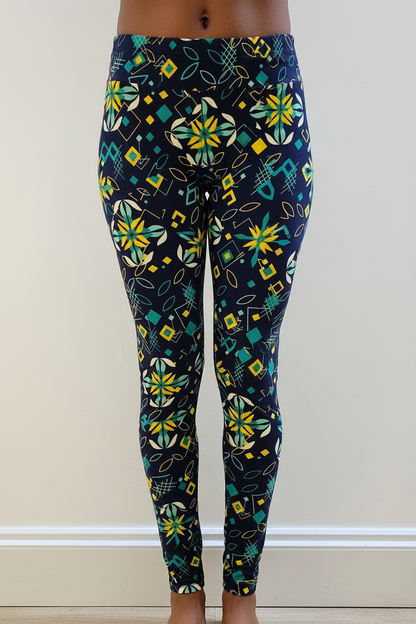 Navy Geometric Floral Buttery Soft High-Waisted Leggings-Shimena