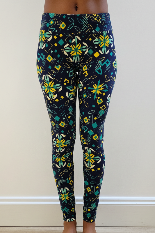 Navy Geometric Floral Buttery Soft High-Waisted Leggings-Shimena