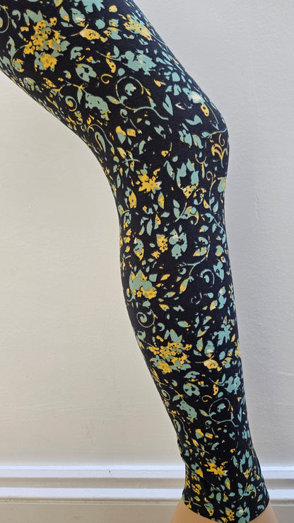 Charcoal Mint & Gold Floral Buttery Soft High-Waisted Leggings-Shimena