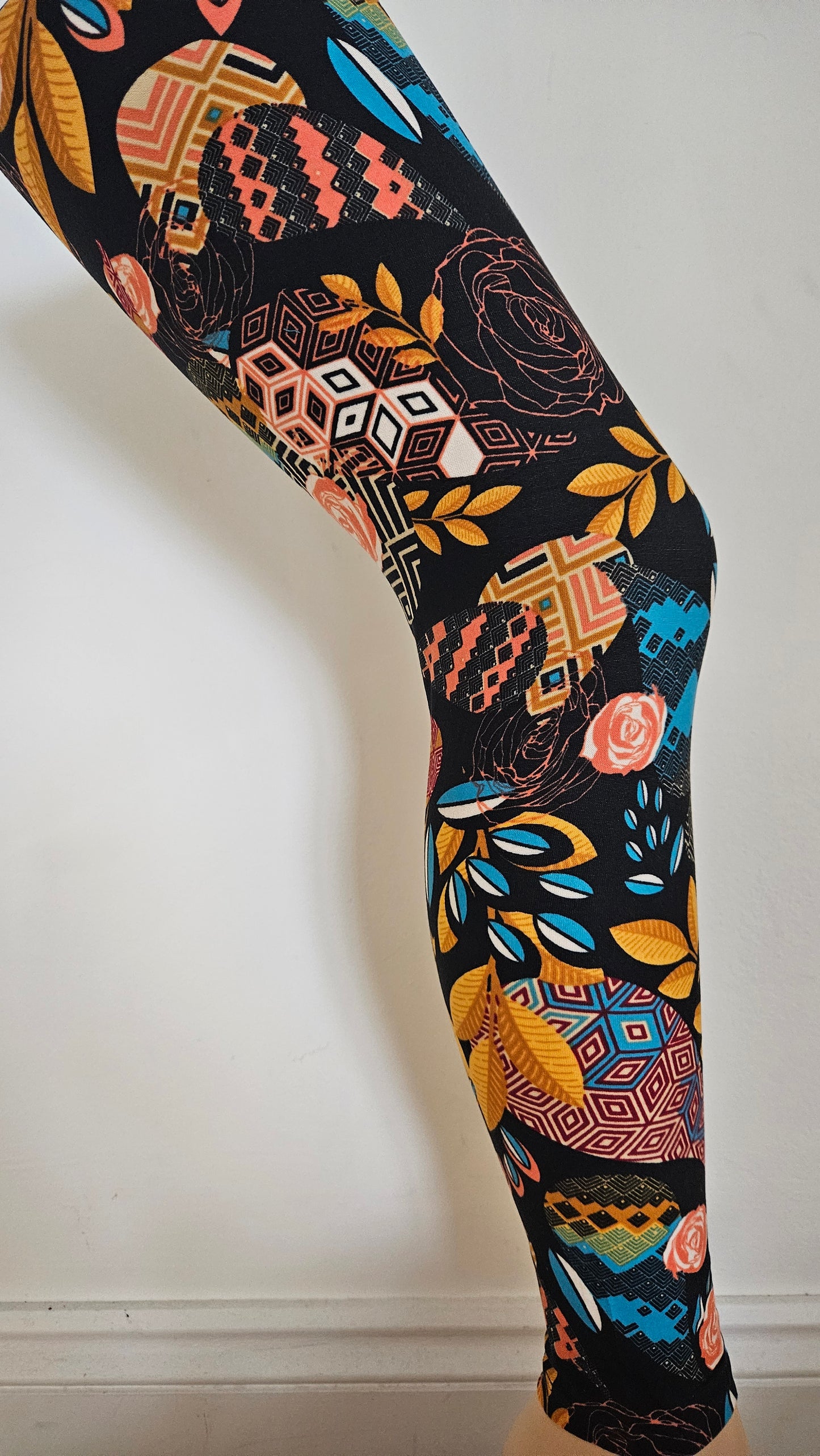 Black Floral Geo Patchwork Buttery Soft High-Waisted Leggings-Shimena