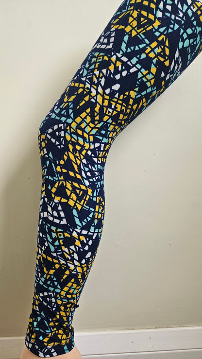 Navy Yellow Teal Cracked Geo Buttery Soft High-Waisted Leggings