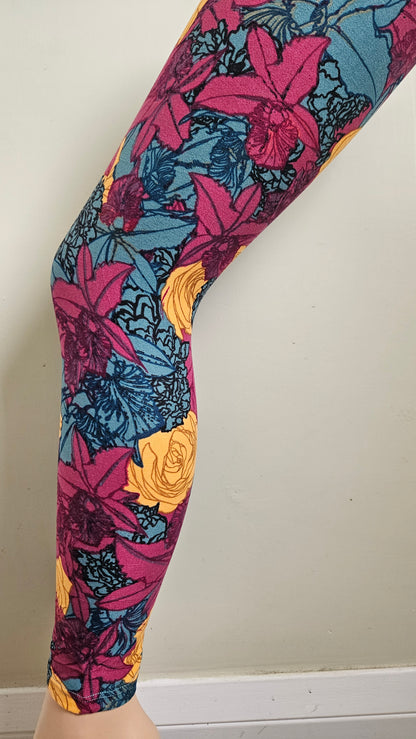 Plum Teal Yellow Bold Floral Buttery Soft High-Waisted Leggings