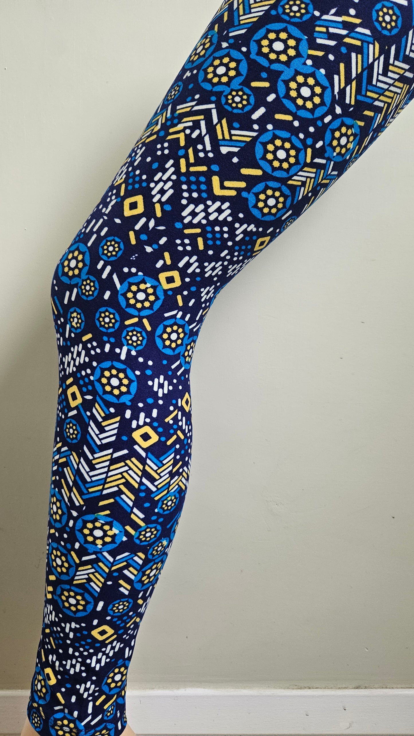 Navy Blue Yellow Floral Tile Buttery Soft High-Waisted Leggings