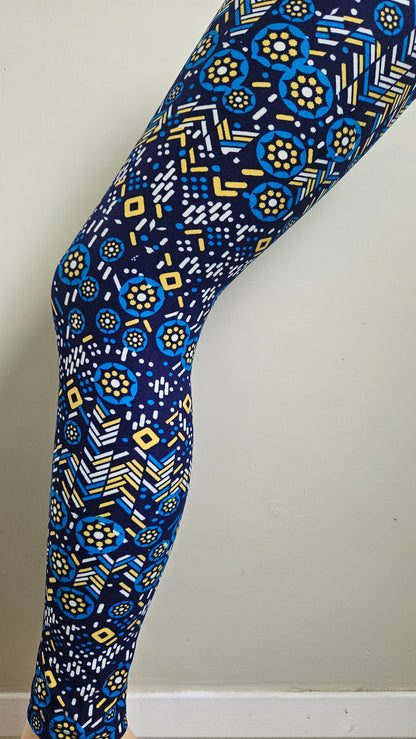 Navy Blue Yellow Floral Tile Buttery Soft High-Waisted Leggings