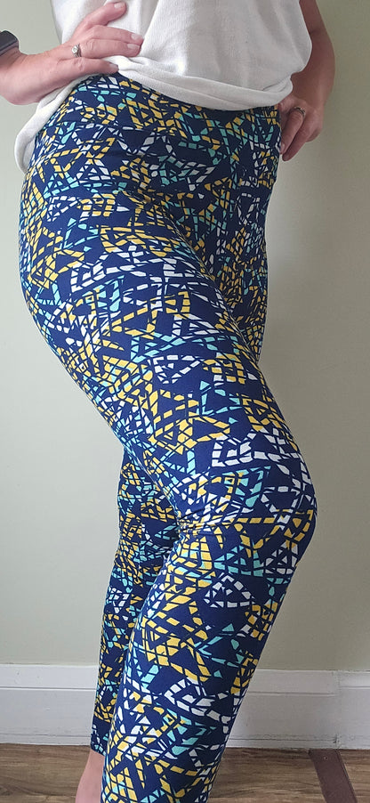 Navy Yellow Teal Cracked Geo Buttery Soft High-Waisted Leggings