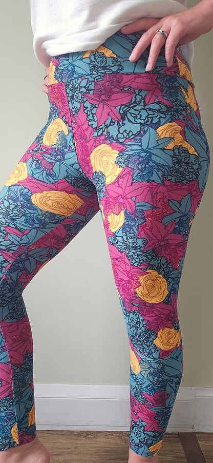 Plum Teal Yellow Bold Floral Buttery Soft High-Waisted Leggings