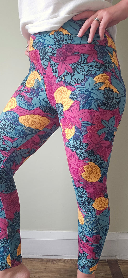 Plum Teal Yellow Bold Floral Buttery Soft High-Waisted Leggings