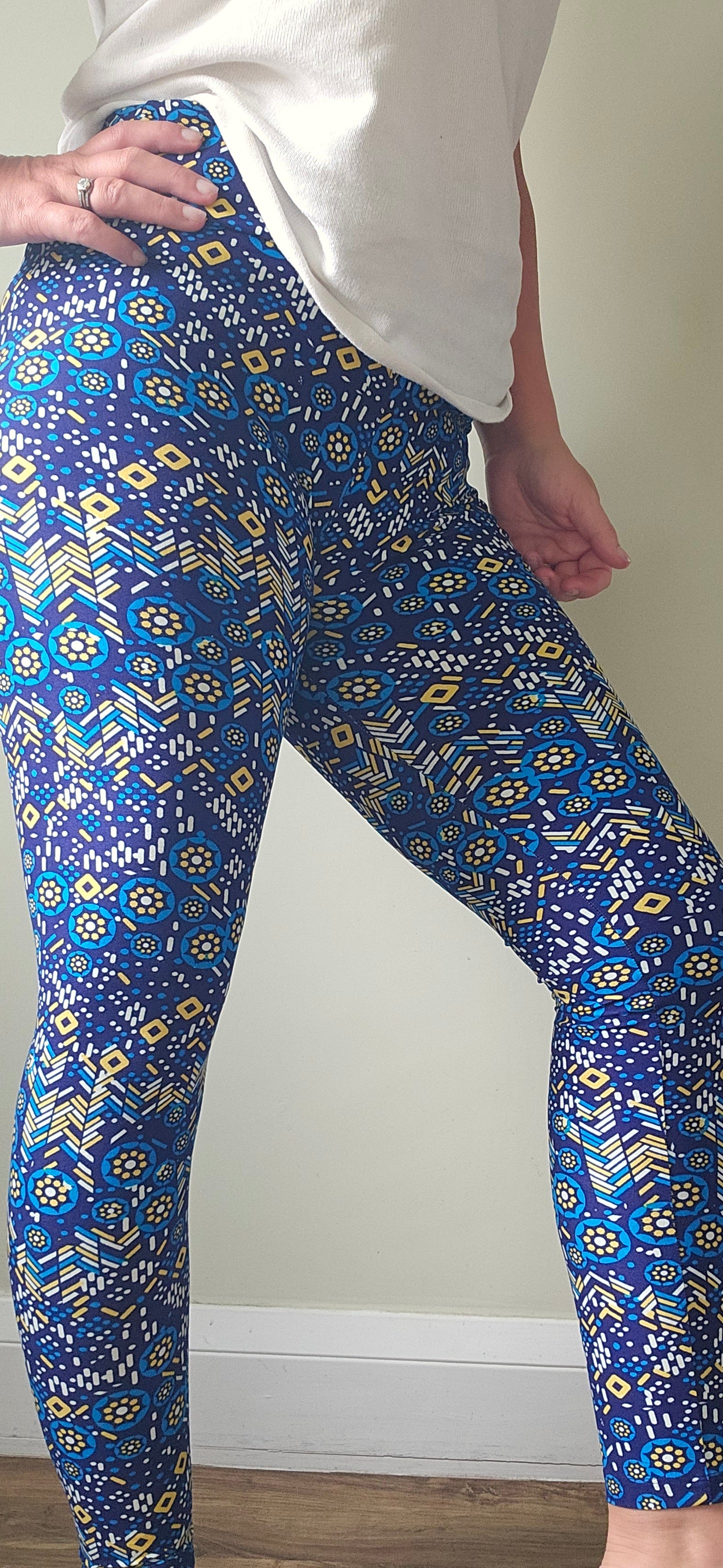 Navy Blue Yellow Floral Tile Buttery Soft High-Waisted Leggings