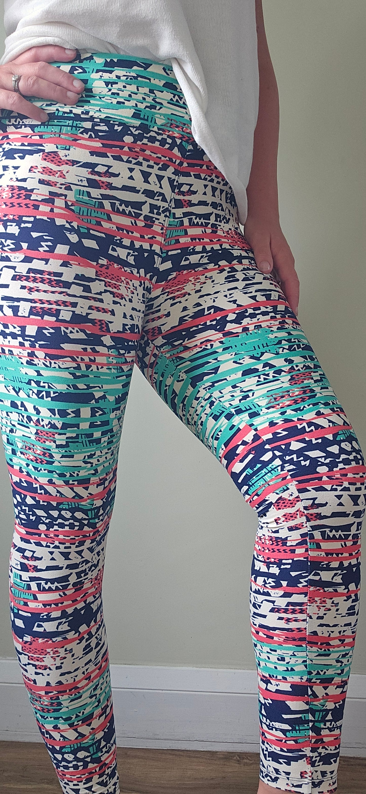 Cream Coral Teal Aztec Stripe Buttery Soft High-Waisted Leggings