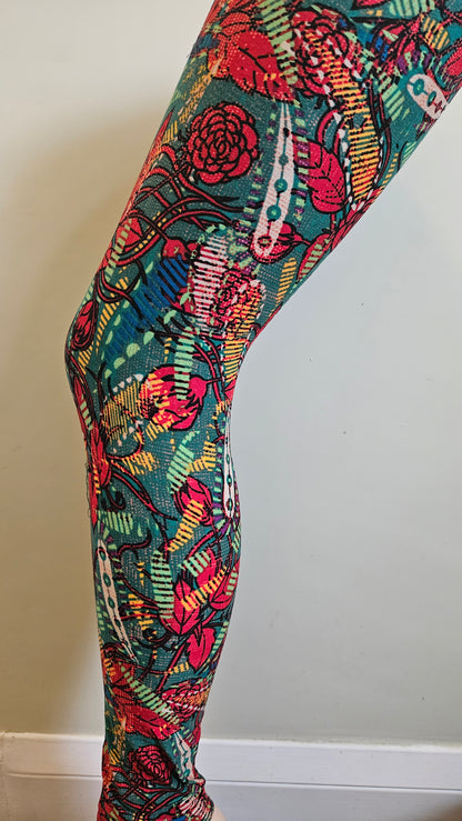 Green Rose Patchwork Buttery Soft High-Waisted Leggings