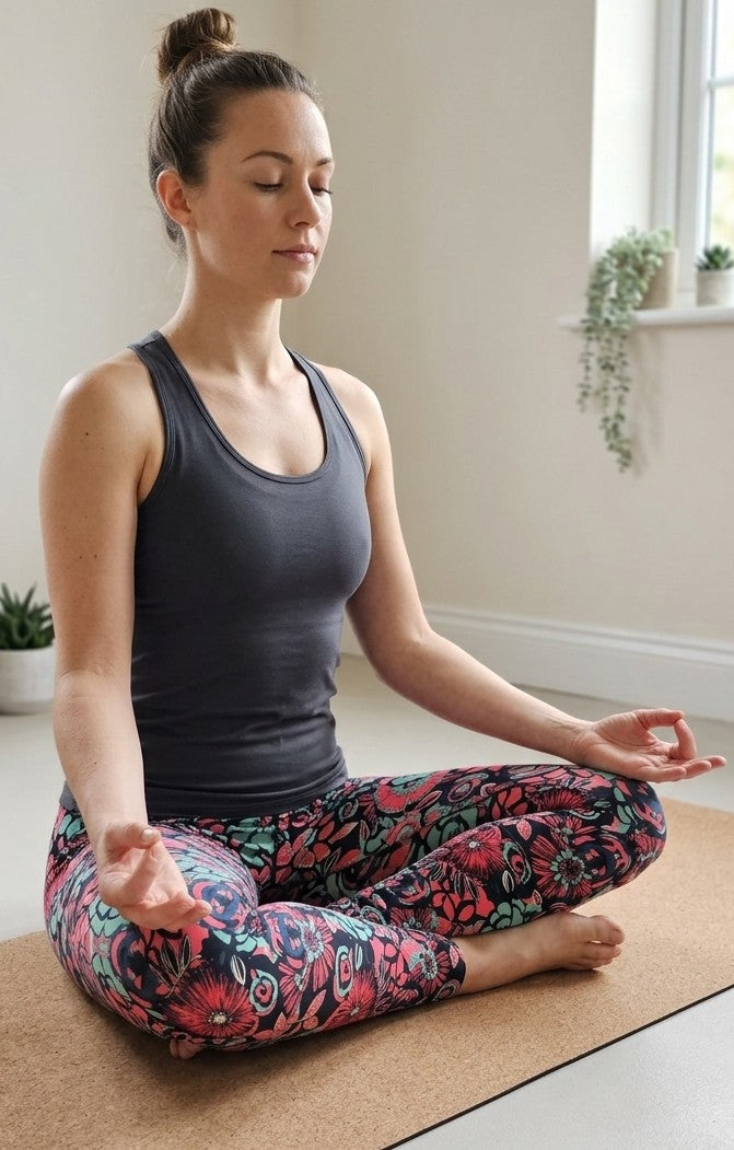 Woman meditating on a yoga mat in Black & Coral Floral Buttery Soft High-Waisted Leggings