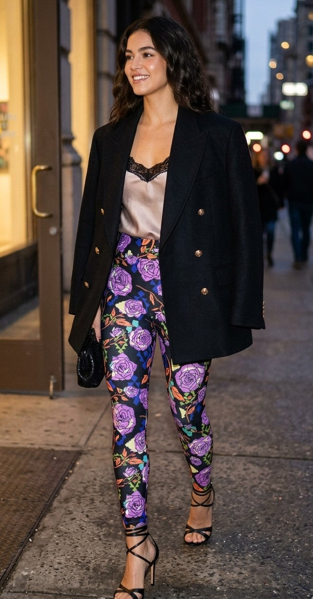Black Large Purple Rose Buttery Soft High-Waisted Leggings-Shimena