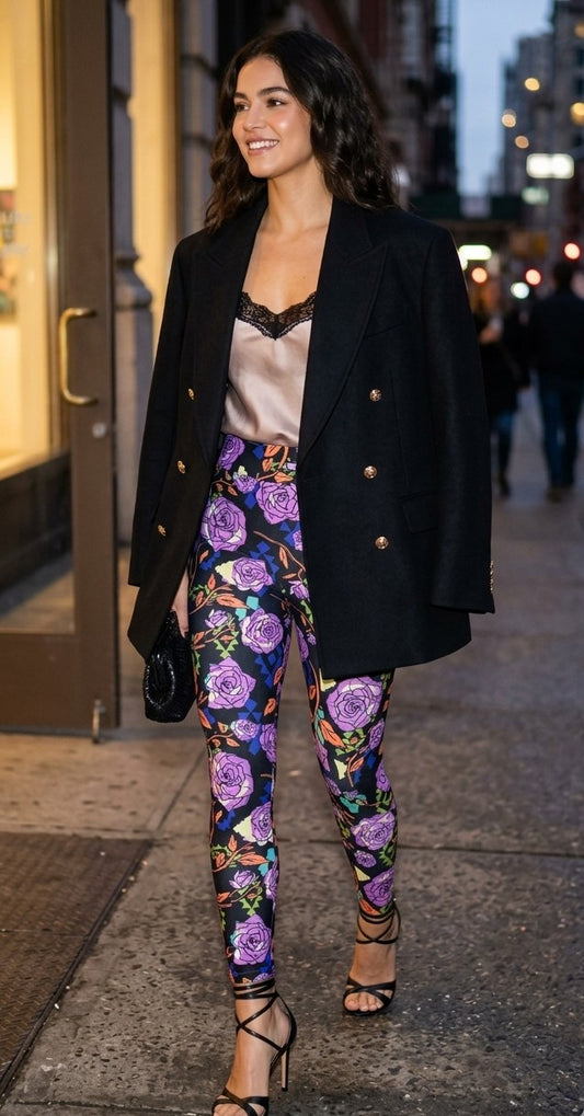 Black Large Purple Rose Buttery Soft High-Waisted Leggings-Shimena