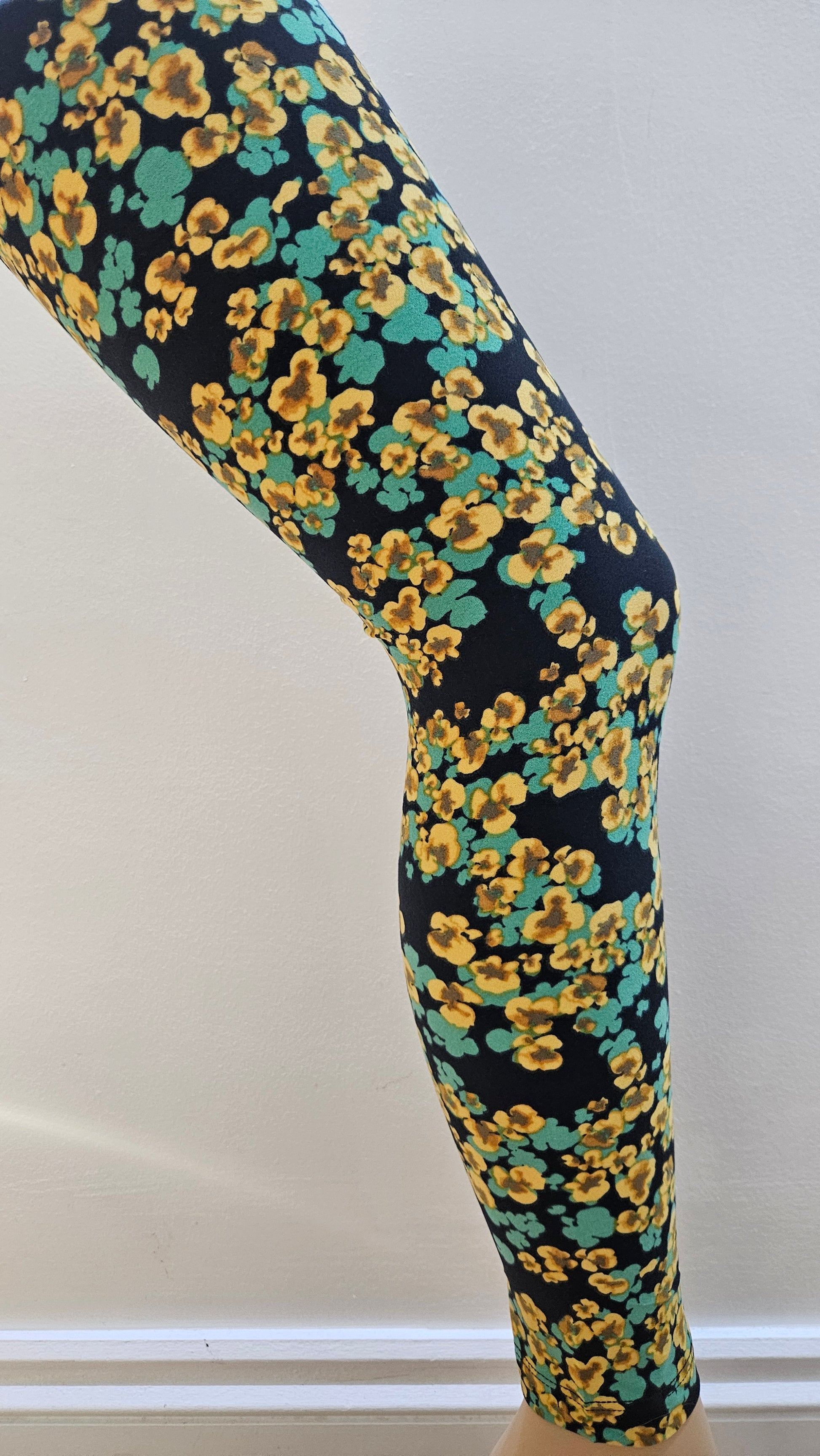 Black Teal & Gold Pansy Buttery Soft High-Waisted Leggings-Shimena