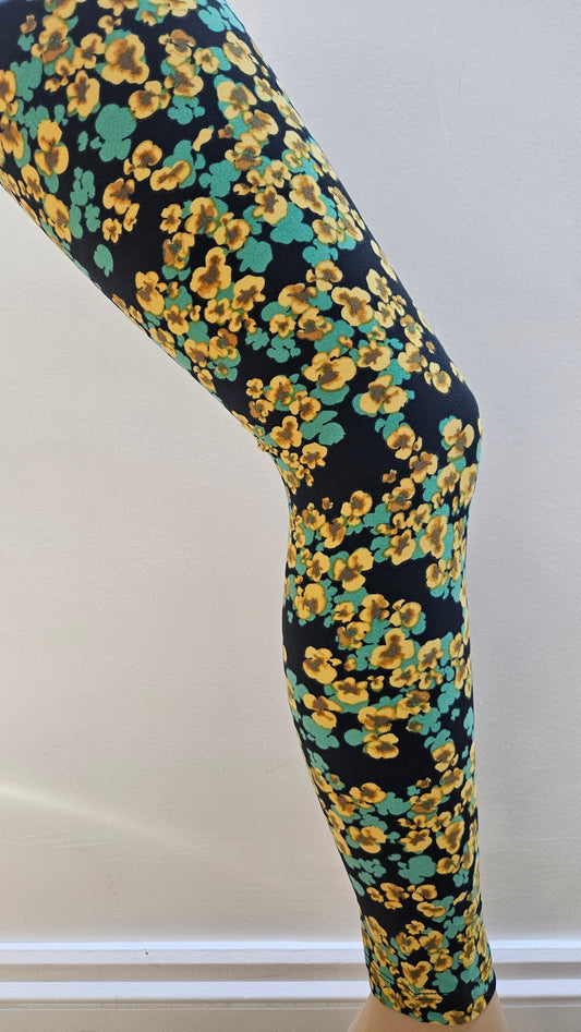 Black Teal & Gold Pansy Buttery Soft High-Waisted Leggings-Shimena