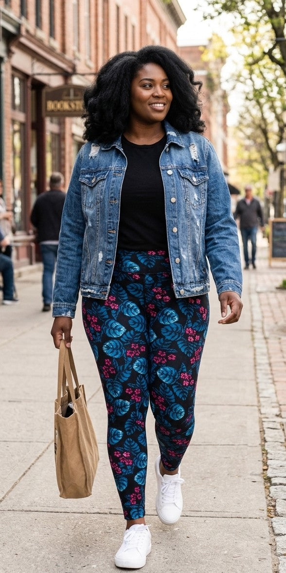 Black Tropical Leaf & Pink Floral Buttery Soft High-Waisted Leggings-Shimena