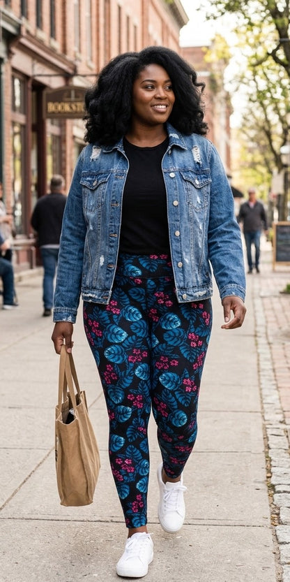 Black Tropical Leaf & Pink Floral Buttery Soft High-Waisted Leggings-Shimena