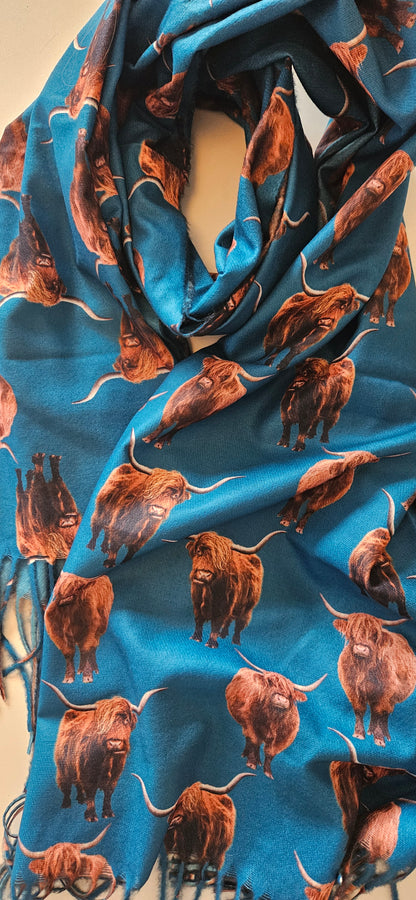 Blue scarf with brown highland cow pattern